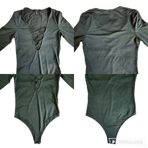 Forever 21 dark green deep plunge caged neckline thin semi sheer bodysuit sz M - Picture 3 of 11